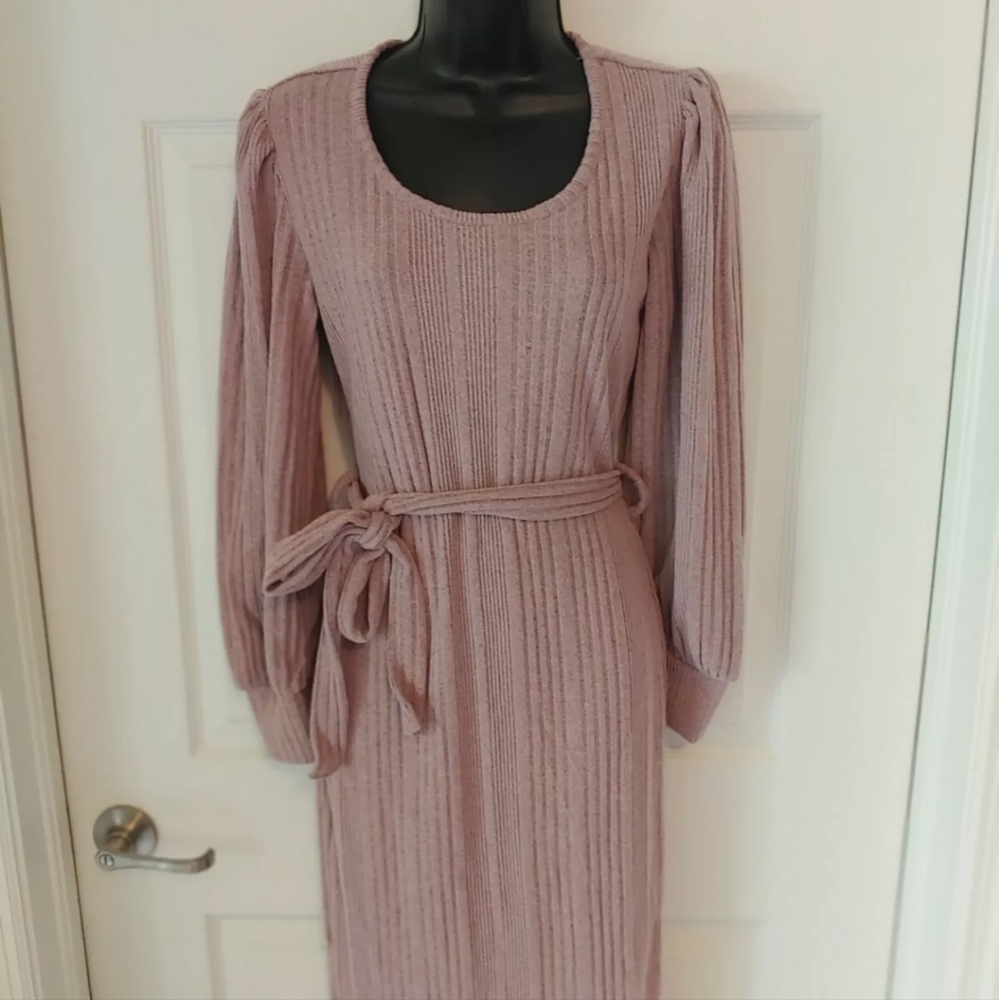 Mauve Belted Ribbed Midi Stretch Sweater Dress, Size M, NWT